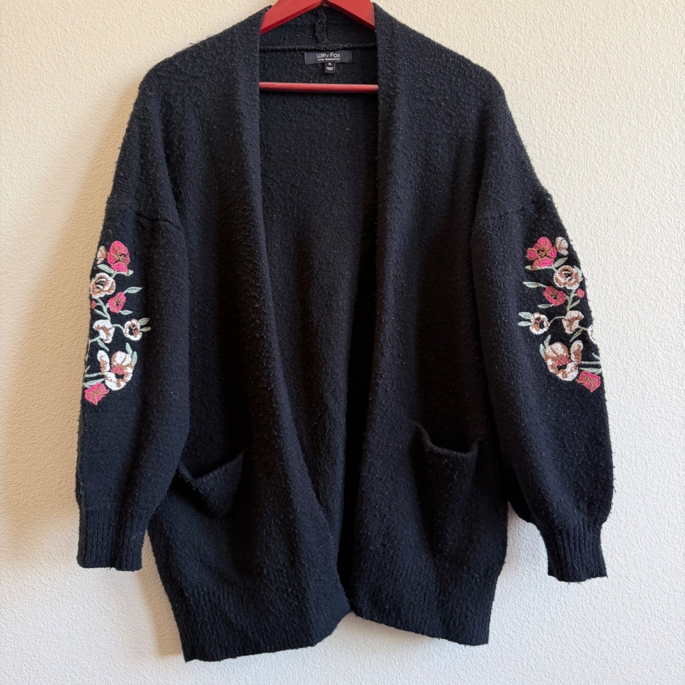 Witty Fox Women Black Floral Embroidered Sleeve Open Front Pocket Cardigan XL
